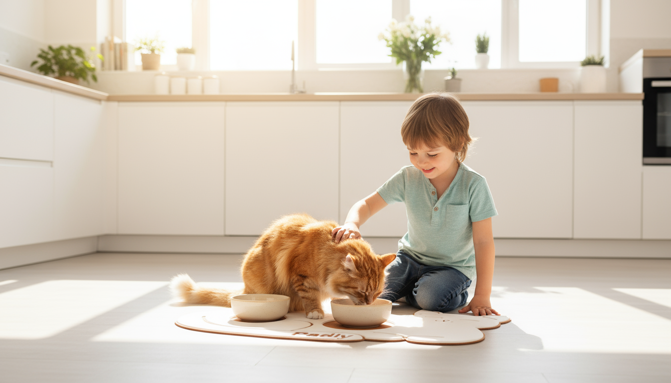 Podkładka biało-brązowa z dzieckiem i kotem