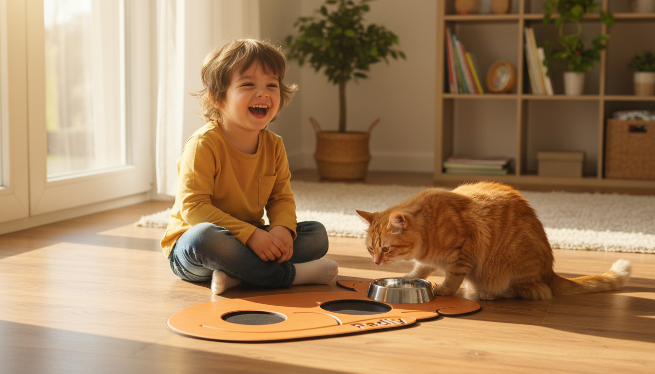 Podkładka brązowo-czarna z dzieckiem i kotkiem