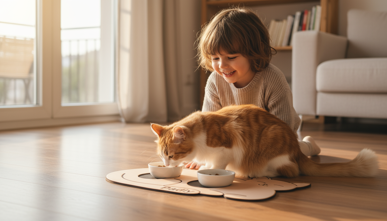 Podkładka kotek beżowo-czarna z dzieckiem i kotem