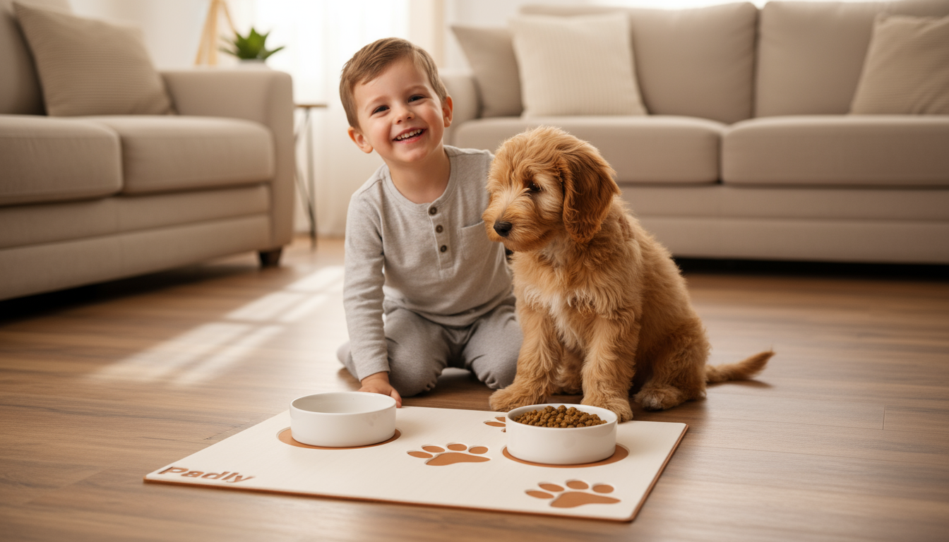 Podkładka standard biało-brązowa z dzieckiem i psem - kolejna wersja